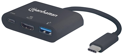Attēls no Manhattan USB-C Dock/Hub, Ports (x3): HDMI, USB-A and USB-C, 5 Gbps (USB 3.2 Gen1 aka USB 3.0), With Power Delivery (60W) to USB-C Port (Note additional USB-C wall charger and USB-C cable needed), Equivalent to CDP2HDUACP, Black, 3 Year Warranty, Blister