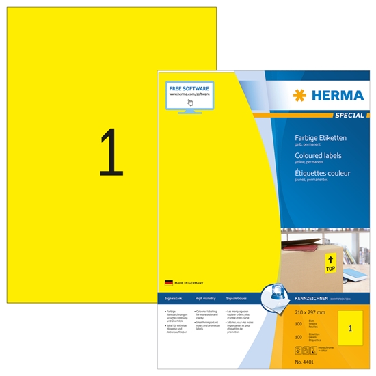 Picture of HERMA Coloured Labels A4 210x297 mm yellow paper matt 100 pcs.