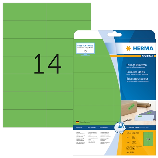 Picture of Herma Labels green 105x42,3 20 Sheets DIN A4 280 pcs. 5061