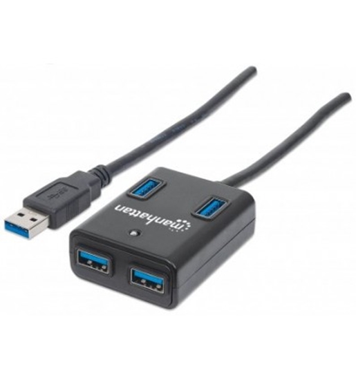 Изображение Manhattan USB-A 4-Port Hub, 4x USB-A Ports, 5 Gbps (USB 3.2 Gen1 aka USB 3.0), Bus Power, Equivalent to Startech ST4300MINU3B, Fast charging x1 Port up to 0.9A or x4 Ports with power jack (not included), SuperSpeed USB, Black, Three Year Warranty, Blister