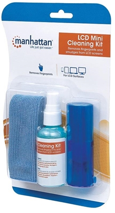 Picture of Manhattan LCD Cleaning Kit (mini), Alcohol-free, Includes Cleaning Solution (60ml), Brush and Microfibre Cloth, Ideal for use on monitors/laptops/keyboards/etc, Three Year Warranty, Blister