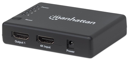 Attēls no Manhattan HDMI Splitter 4-Port (Compact), 4K@30Hz, Displays output from x1 HDMI source to x4 HD displays (same output to four displays), AC Powered (cable 0.7m), Black, Three Year Warranty, Retail Box