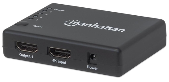 Изображение Manhattan HDMI Splitter 4-Port (Compact), 4K@30Hz, Displays output from x1 HDMI source to x4 HD displays (same output to four displays), AC Powered (cable 0.7m), Black, Three Year Warranty, Retail Box