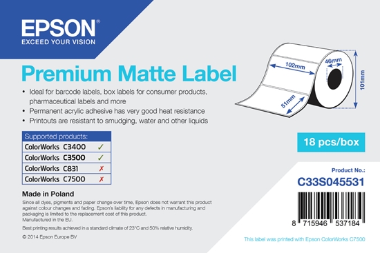 Изображение Epson Premium Matte Label - Die-cut Roll: 102mm x 51mm, 650 labels