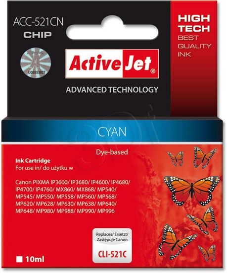 Picture of Activejet ACC-521CN Ink cartridge (replacement for Canon CLI-521C; Supreme; 10 ml; cyan)