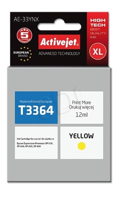 Attēls no Activejet AE-33YNX Ink Cartridge (replacement for Epson 33XL T3364; Supreme; 12 ml; yellow)