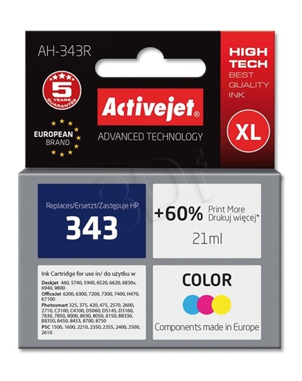 Picture of Activejet AH-343R Ink cartridge (replacement for HP 343 C8766EE; Premium; 21 ml; color)