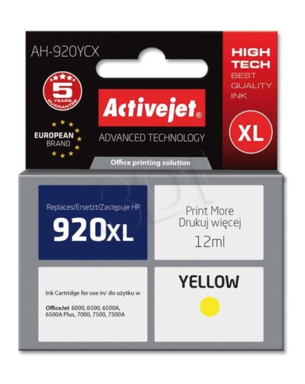 Picture of Activejet AH-920YCX Ink Cartridge (replacement for HP 920XL CD974AE; Premium; 12 ml; yellow)