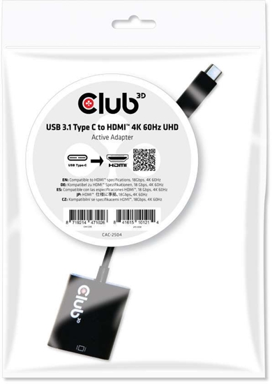 Picture of CLUB3D USB 3.1 Type C to HDMI 2.0 UHD 4K 60Hz Active Adapter