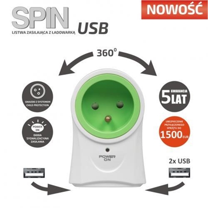 Изображение Lista zasilajaca obrotowa SPIN 2xUSB