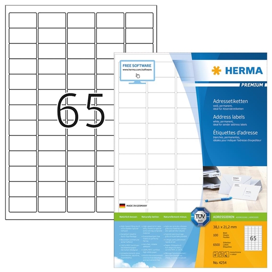 Picture of HERMA Address labels Premium A4 38.1x21.2 mm round corners white paper matt 6500 pcs.