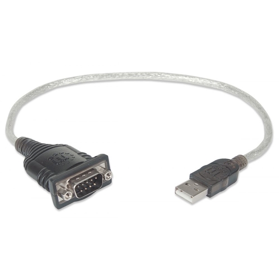 Изображение Manhattan USB-A to Serial Converter cable, 45cm, Male to Male, Serial/RS232/COM/DB9, Prolific PL-2303RA Chip, Equivalent to Startech ICUSB232V2, Black/Silver cable, Three Year Warranty, Blister