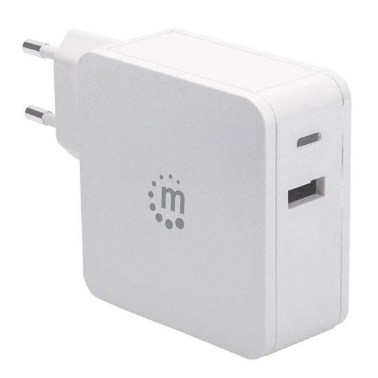 Picture of Manhattan Wall/Power Charger (Euro 2-pin), USB-C and USB-A ports, USB-C Output: 45W / 3A, USB-A Output: 2.4A, White, Three Year Warranty, Box