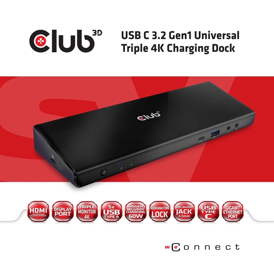 Picture of CLUB3D The CSV-1562 is an USB3.2 Gen1 Type-C Universal Triple 4K30Hz Charging Docking Station and is DisplayLink® Certified. The Universal Charging Dock