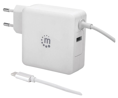 Picture of Manhattan Wall/Power Mobile Device Charger (Euro 2-pin), USB-C and USB-A ports, USB-C Output: 60W / 3A, USB-A Output: 2.4A, USB-C 1m Cable Built In, White, Phone Charger, Three Year Warranty, Box
