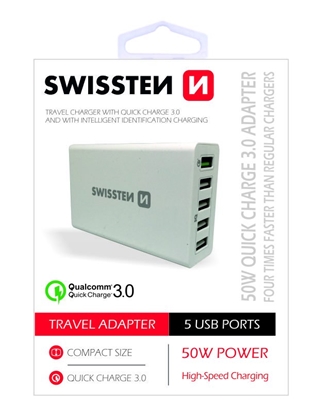Изображение Swissten Qualcomm 3.0 QC Smart IC Premium Travel Charger USB 5x 2.1A 50W