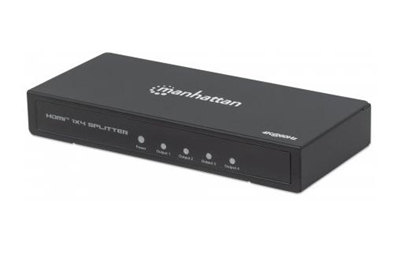 Attēls no Manhattan HDMI Splitter 4-Port , 4K@60Hz, Displays output from x1 HDMI source to x4 HD displays (same output to four displays), AC Powered (cable 1.2m), Black, Three Year Warranty, Retail Box (With Euro 2-pin plug)