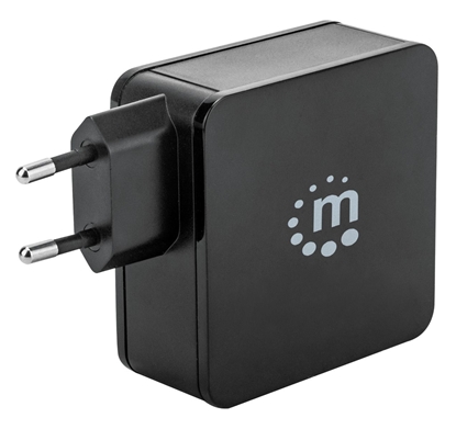 Picture of Manhattan Wall/Power Mobile Device Charger (Euro 2-pin), USB-C and USB-A ports, USB-C Output: 60W / 3A, USB-A Output: 2.4A, Black, Phone Charger, Three Year Warranty, Box