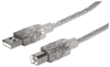 Изображение Manhattan USB-A to USB-B Cable, 5m, Male to Male, Translucent Silver, 480 Mbps (USB 2.0), Equivalent to Startech USB2HAB5M (except colour), Hi-Speed USB, Lifetime Warranty, Polybag