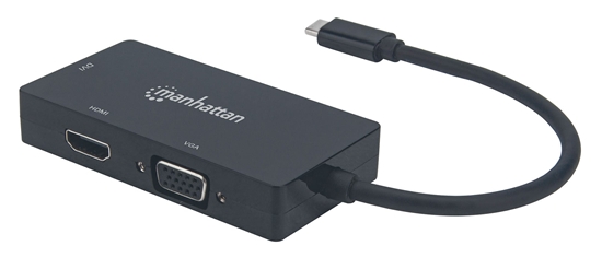 Picture of Manhattan USB-C Dock/Hub, Ports (x3): DVI-I, HDMI and VGA Ports, Note: Only One Port can be used at a time, External Power Supply Not Needed, Cable 10cm, Black, Three Year Warranty, Blister