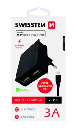 Изображение Swissten MFI Premium Apple Certified Travel Charger USB 3А / 15W With Lightning Cable 1.2m