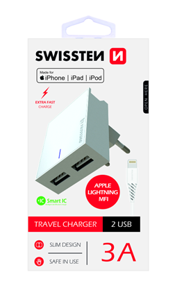 Изображение Swissten MFI Premium Apple Certified Travel Charger USB 3А / 15W With Lightning Cable 1.2m