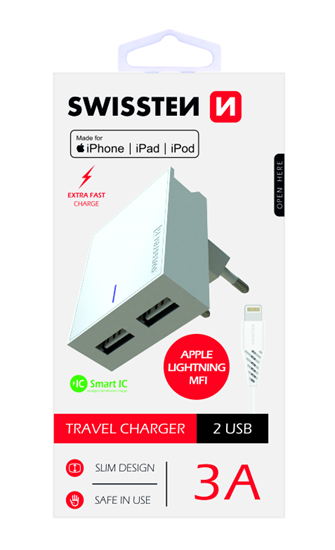 Picture of Swissten MFI Premium Apple Certified Travel Charger USB 3А / 15W With Lightning Cable 1.2m