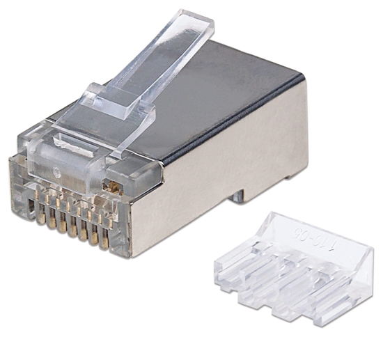 Picture of Intellinet RJ45 Modular Plugs Pro Line, Cat6A, STP, 3-prong, for solid & stranded wire, 50 µ gold-plated contacts, 70 pack