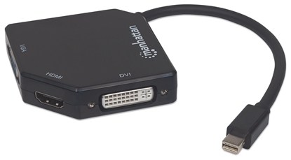 Picture of Manhattan Mini DisplayPort 1.2 to HDMI, DVI and VGA Adapter Cable (3-in-1), 25cm, Black, Male to Female, Passive, HDMI 4K@30Hz, VGA and DVI 1080p@60Hz, Equivalent to MDP2VGDVHD, Compatible with DVD-D, Three Year Warranty, Blister