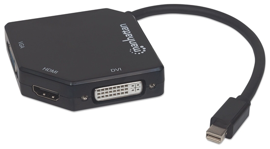 Изображение Manhattan Mini DisplayPort 1.2 to HDMI, DVI and VGA Adapter Cable (3-in-1), 25cm, Black, Male to Female, Passive, HDMI 4K@30Hz, VGA and DVI 1080p@60Hz, Equivalent to MDP2VGDVHD, Compatible with DVD-D, Three Year Warranty, Blister