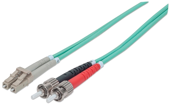 Picture of Intellinet Fiber Optic Patch Cable, OM3, ST/LC, 2m, Aqua, Duplex, Multimode, 50/125 µm, LSZH, Fibre, Lifetime Warranty, Polybag