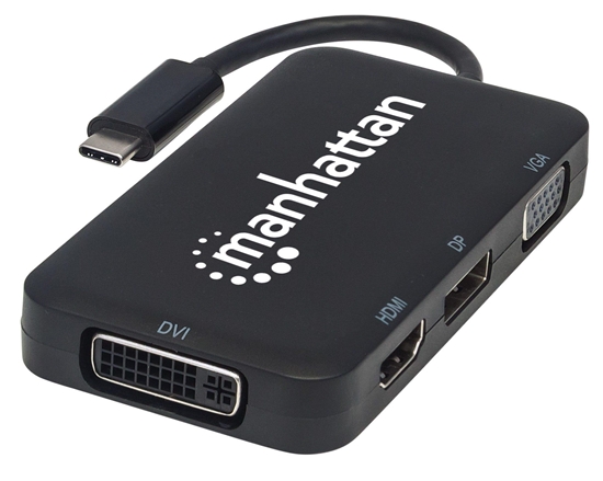 Picture of Manhattan USB-C Dock/Hub, Ports (x4): DisplayPort, DVI-I, HDMI or VGA, Note: Only One Port can be used at a time, External Power Supply Not Needed, Cable 8cm, Black, Three Year Warranty, Blister