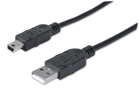 Изображение Manhattan USB-A to Mini-USB Cable, 1.8m, Male to Male, Black, 480 Mbps (USB 2.0), Equivalent to USB2HABM2M (except 20cm shorter), Hi-Speed USB, Lifetime Warranty, Polybag