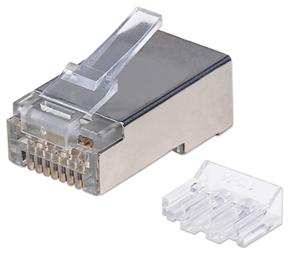 Picture of Intellinet RJ45 Modular Plugs, Cat6A, STP, 3-prong, for solid wire, 15 µ gold plated contacts, 90 pack