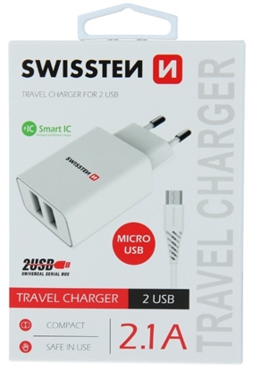 Изображение Swissten Smart IC Travel Charger 2x USB 2.1A with Micro USB Cable 1.2m