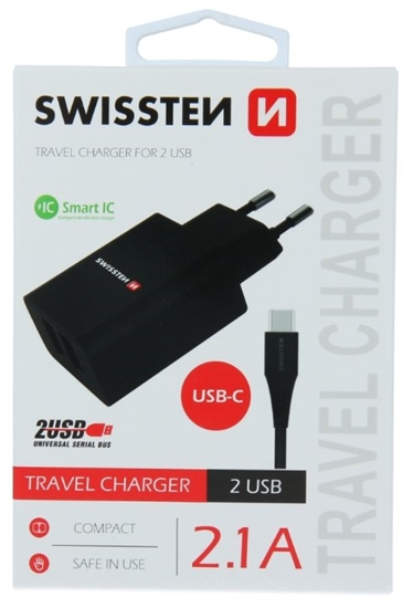 Picture of Swissten Smart IC Travel Charger 2x USB 2.1А with USB-C Cable 1.2 m