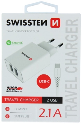 Изображение Swissten Smart IC Travel Charger 2x USB 2.1А with USB-C Cable 1.2 m