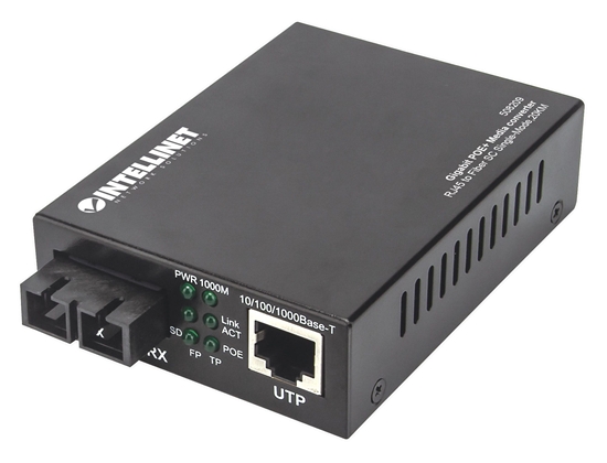 Picture of Intellinet Gigabit PoE+ Media Converter, 1000Base-T RJ45 Port to 1000Base-LX (SC) Single-Mode, 20 km (12.4 mi.), PoE+ Injector (Euro 2-pin plug)