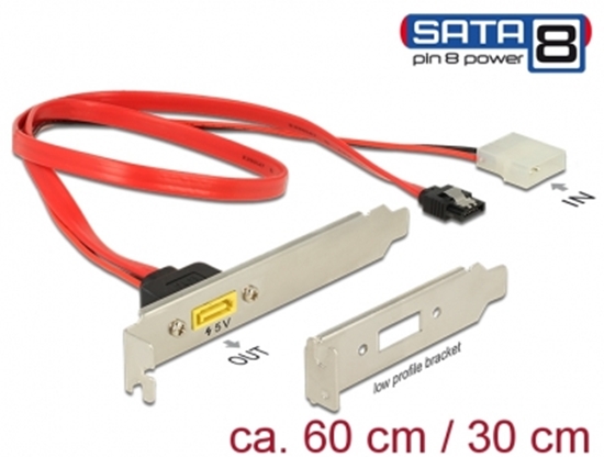 Picture of Delock Slot bracket SATA 6 Gb/s 7 pin receptacle + Molex 2 pin power plug internal > SATA male pin 8 power external