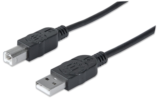 Изображение Manhattan USB-A to USB-B Cable, 3m, Male to Male, 480 Mbps (USB 2.0), Equivalent to Startech USB2HAB3M, Hi-Speed USB, Black, Lifetime Warranty, Polybag