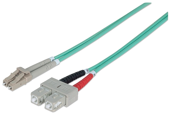 Picture of Intellinet Fiber Optic Patch Cable, OM3, LC/SC, 5m, Aqua, Duplex, Multimode, 50/125 µm, LSZH, Fibre, Lifetime Warranty, Polybag