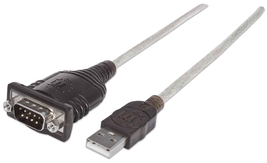 Изображение Manhattan USB-A to Serial Converter cable, 45cm, Male to Male, Serial/RS232/COM/DB9, Prolific PL-2303RA Chip, Equivalent to Startech ICUSB232V2, Black/Silver cable, Three Year Warranty, Polybag