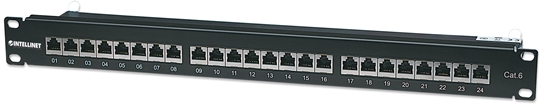 Picture of Intellinet Patch Panel, Cat6, FTP, 24-Port, 1U, Shielded, 90° Top-Entry Punch-Down Blocks, Black