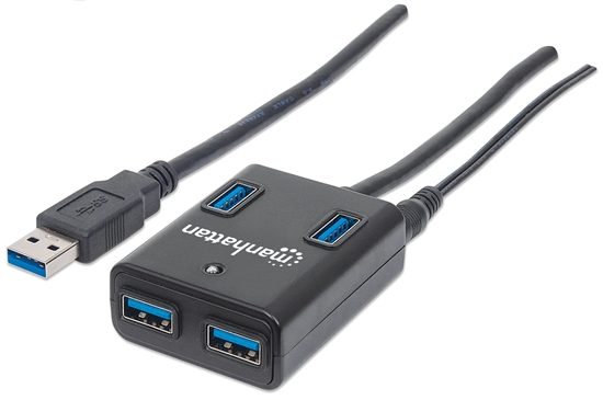 Изображение Manhattan USB-A 4-Port Hub, 4x USB-A Ports, 5 Gbps (USB 3.2 Gen1 aka USB 3.0), AC or Bus Power, Fast charge up to 0.9A per port with inc power adapter, SuperSpeed USB, Black, Three Year Warranty, Blister (With Euro 2-pin plug)