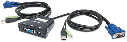 Attēls no Manhattan KVM Switch Mini 2-Port, 2x USB-A, Cables included, Audio Support, Control 2x computers from one pc/mouse/screen, Black, Lifetime Warranty, Boxed