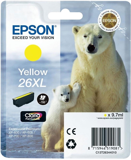 Picture of Epson Polar bear Singlepack Yellow 26XL Claria Premium Ink