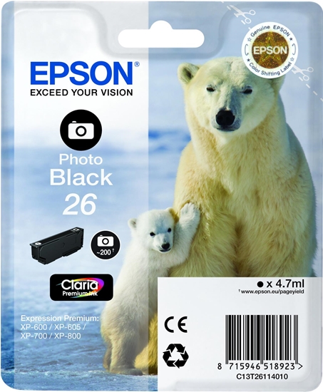 Изображение Epson Polar bear Singlepack Photo Black 26 Claria Premium Ink