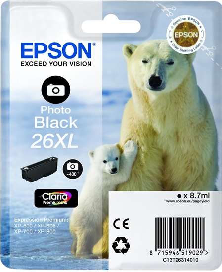 Picture of Epson Polar bear Singlepack Photo Black 26XL Claria Premium Ink