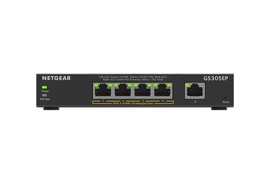 Picture of NETGEAR 5-Port Gigabit Ethernet PoE+ Plus Switch (GS305EP) Managed L2/L3 Gigabit Ethernet (10/100/1000) Power over Ethernet (PoE) Black