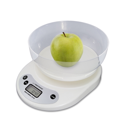 Picture of Esperanza EKS007 Kitchen scale with a bowl. White Electronic kitchen scale